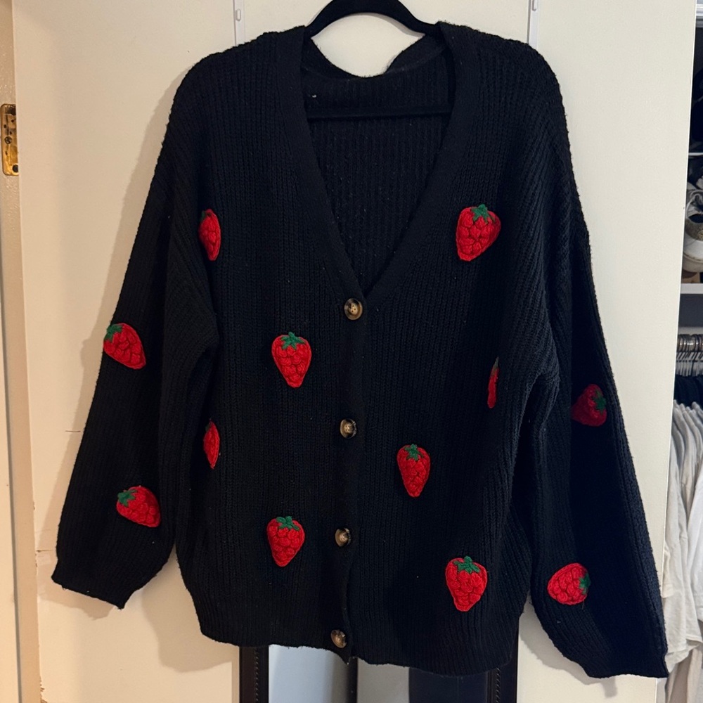 SHEIN Black Cardigan with Red Strawberry Design